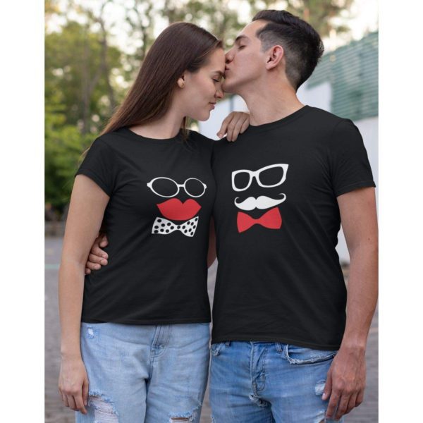 Moustache & Kiss Matching Couple T-Shirts