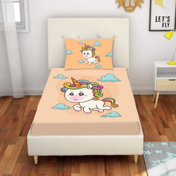 Birthday Gifts Velvet Designer Kids Cute Baby Unicorn Printed Single Bedsheet (65x100 Inches/250CT) with 1 Matching