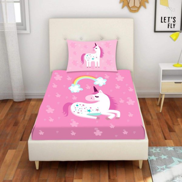 Velvet Designer Dream Unicorn Printed Single Bedsheet with 1 Matching Pillow Cover (65x100 Inches)