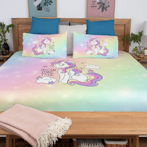 Kid's Velvet Designer 250TC Modern Dream Come True Unicorn Printed Double King Size Bedsheet with 2 Matching Pillow