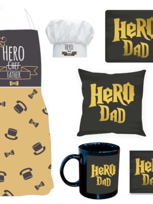 Hero Dad Hamper for Father Set of 6- Apron, Chef Hat, Cushion Cover, Mug, Coaster, Mousepad