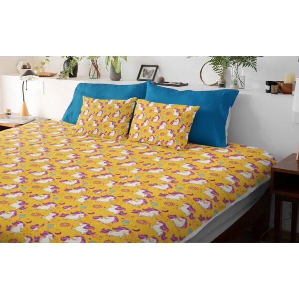 Birthday Gifts Velvet Designer Kids Unicorn Printed Double King Size Bedsheet (100x100 Inches/250CT) with 2 Matching