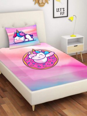 Birthday Gifts Velvet Designer Kids Donut Unicorn Printed Single Bedsheet (65x100 Inches/250CT) with 1 Matching Pillow