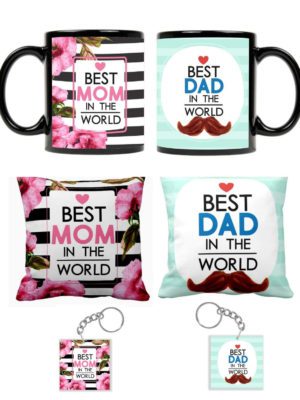 Acrylic Wedding Anniversary for Parents, Best Mom Dad in The World Couple Mugs Cushion Covers Keychain (Blue) -Set