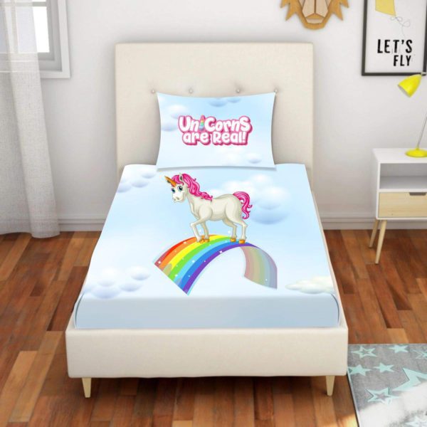 Kid's Velvet Designer Unicorns are Real Printed 250TC Single Bedsheet (65x100 Inches) with Matching Pillow Cover