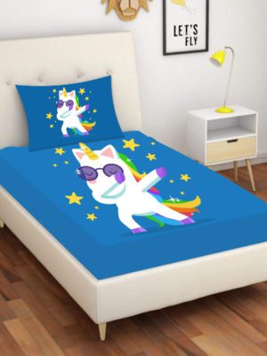 Birthday Gifts Velvet Designer Kids Swag Baby Unicorns Printed Single Bedsheet (65x100 Inches/250CT) with 1 Matching