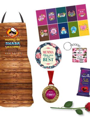 Birthday Gifts for Mom Chef Apron, 1 Dairy Milk Silk (60g), Medal,Fridge Magnet, Keychain, 1 Artificial Red Rose