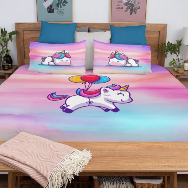 Birthday Gifts Velvet Designer Kids Balloons Flying Unicorns Printed Double King Size Bedsheet (100x100 Inches/250CT)