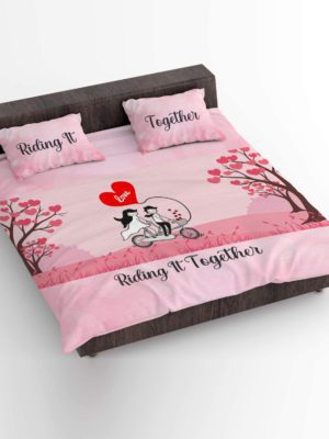 Birthday Gifts Love Couple Double Bedsheet with 2 Pillow Covers - Love Riding Together, Velvet, Multi-Coloured