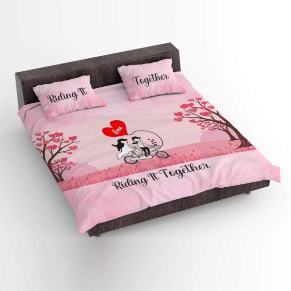 Birthday Gifts Love Couple Double Bedsheet with 2 Pillow Covers - Love Riding Together, Velvet, Multi-Coloured