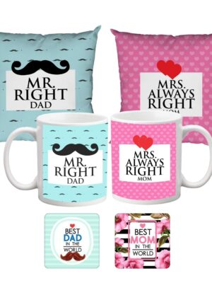 Birthday Gifts for Father 330 ml Mr Right Mrs Always Right Mom Dad Mug with 12x12 inches Cushion Cover,