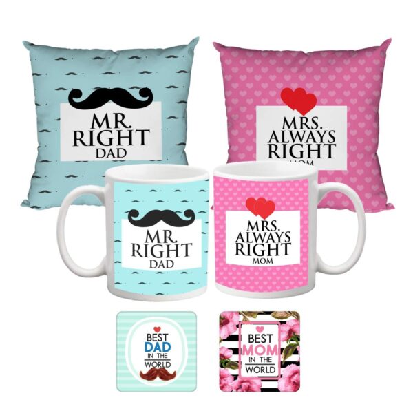Birthday Gifts for Father 330 ml Mr Right Mrs Always Right Mom Dad Mug with 12x12 inches Cushion Cover,