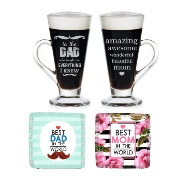 Mothers Day Just Like Mother Father Engraved Coffee Tea Cups of 2 with Coasters