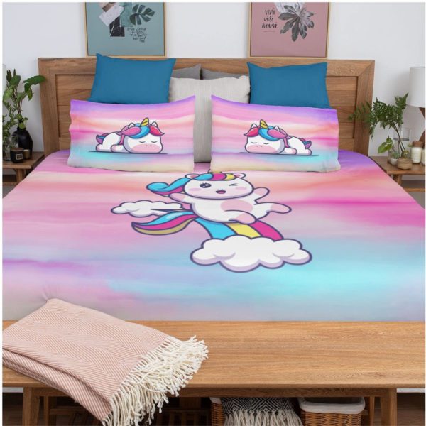 Birthday Gifts Velvet Designer Kids Dancing Unicorn Printed Double King Size Bedsheet (100x100 Inches/250TC) with 2