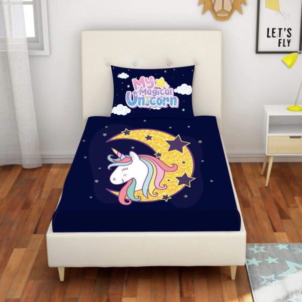 Kid's Velvet Designer My Magical Unicorn Printed Single Bedsheet with 1 Matching Pillow Cover (65x100 Inches)