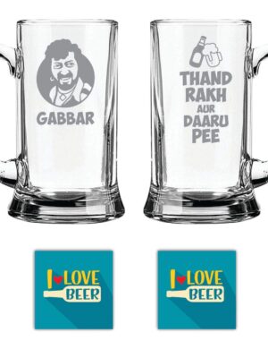New Year Gifts, Gabbar Sharaab and Shabaab Hindi Engraved Beer Mugs Set of 2 with Coaster - Icon Beer 580