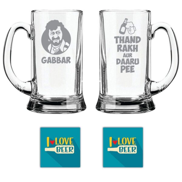 New Year Gifts, Gabbar Sharaab and Shabaab Hindi Engraved Beer Mugs Set of 2 with Coaster - Icon Beer 580
