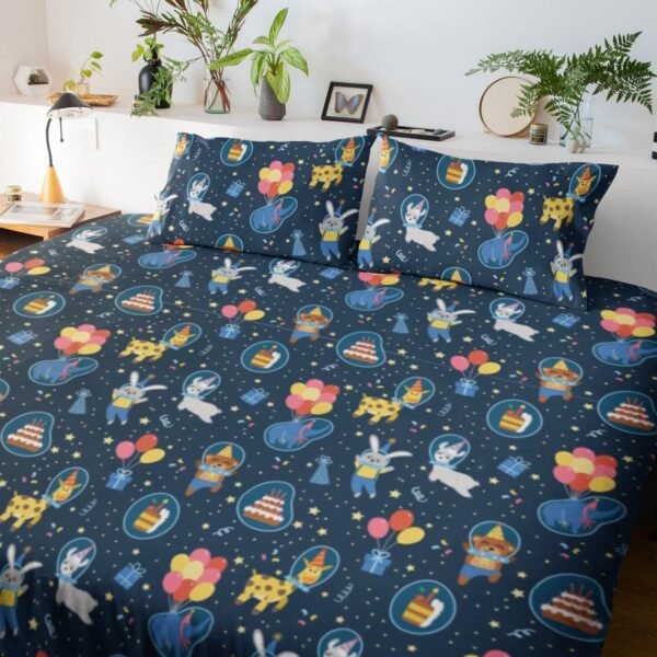 Kids bedsheet Velvet Printed Velvet King Size Double Bedsheet with 2 Pillow Covers - Cute Animals in Space