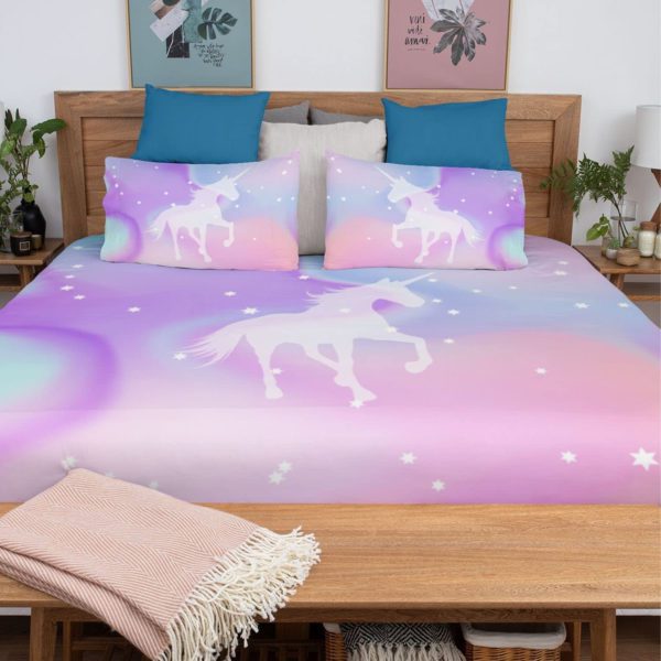 Kid's Velvet Designer Unicorn Printed Double King Size Bedsheet with 2 Matching Pillow Covers (100x100 Inches,