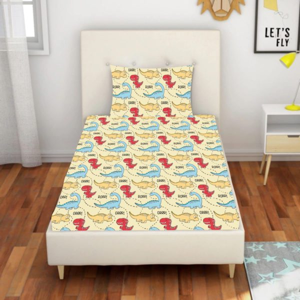 Cute Dinosaur with Unicorn Printed Velvet King Size Double Bedsheet with 2 Pillow Covers