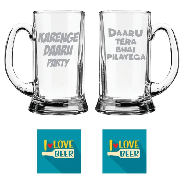 Karenge Daaru Party Daaru Tera Bhai Pilayega Hindi Engraved Beer Mugs Set