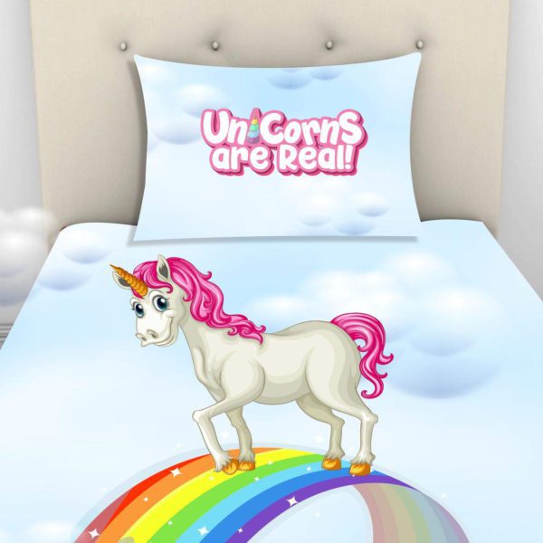 Kid's Velvet Designer Unicorns are Real Printed 250TC Single Bedsheet (65x100 Inches) with Matching Pillow Cover