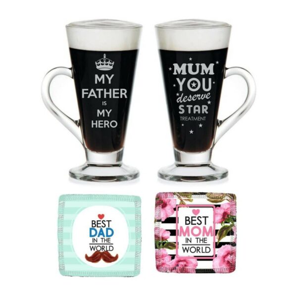Mothers Day Just Like Mother Father Engraved Coffee Tea Cups of 2 with Coasters
