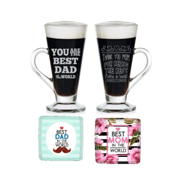 Mothers Day Just Like Mother Father Engraved Coffee Tea Cups of 2 with Coasters