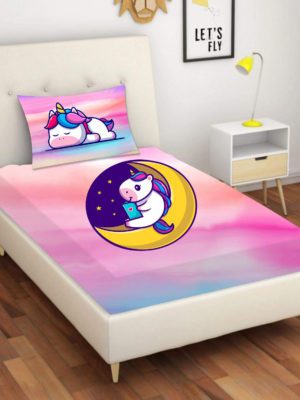 Birthday Gifts Velvet Designer Kids Star Moon Unicorn Printed Single Bedsheet (65x100 Inches/250CT) with 1 Matching