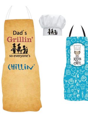 Dad is Grilling So Everyone is Chilling Dad and Kids Kitchen Chef Apron Set of 2