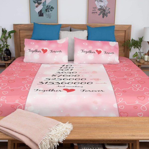 10 Years Together Forever Printed Bedsheet for Couple with 2 Pillow Covers - Pink