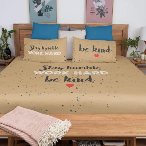 Stay Humble Work Hard be Kind Motivational Quotes King Size Double Bedsheet with 2 Pillow Covers_Peach, Motivational