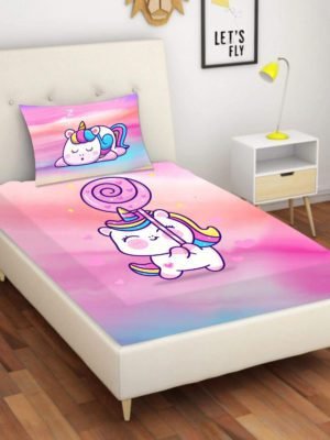 Kid's Velvet Designer Modern Unicorn Magical Printed Single Bedsheet (65x100 Inches/250TC) with Matching Pillow Cover