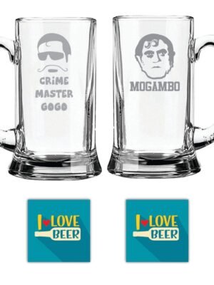 New Year Gifts, Crime Master Gogo Mogambo Hindi Engraved Beer Mugs Set of 2 with Coaster - Icon Beer 580