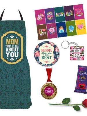 Birthday Gifts for Mom Chef Apron, 1 Dairy Milk Silk (60g), Medal,Fridge Magnet, Keychain, 1 Artificial Red Rose