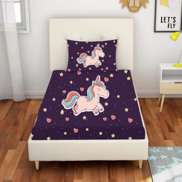 Birthday Gifts Velvet Designer Kids Happy Birthday Unicorn Printed Single Bedsheet (65x100 Inches/250CT) with 1 Matching