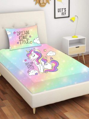 Velvet Designer Dream Come True Unicorn Printed Single Bedsheet with 1 Matching Pillow Cover (65x100 Inches,