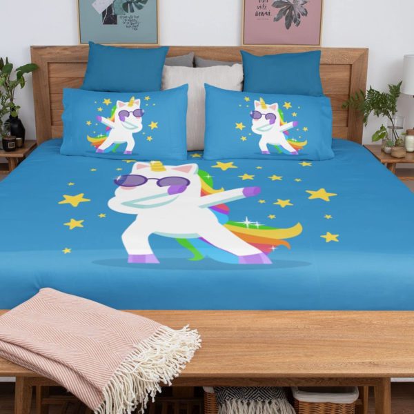 Birthday Gifts Velvet Designer Kids Swag Baby Unicorns Printed Double King Size Bedsheet (100x100 Inches/250CT) with 2