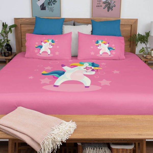 Birthday Gifts Velvet Designer Kids Swag Unicorn Printed Double King Size Bedsheet (100x100 Inches/250CT) with 2