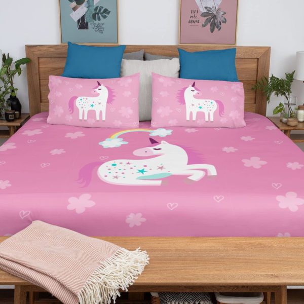 Birthday Gifts Velvet Designer Kids Dream Unicorn Printed Double King Size Bedsheet (100x100 Inches/250TC) with 2