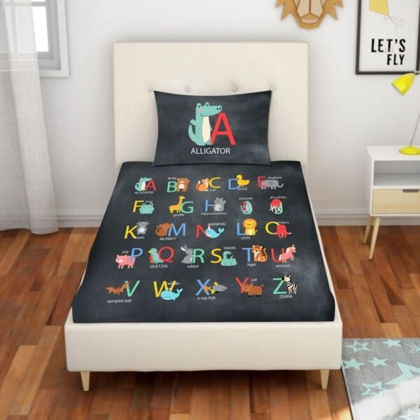 Kids ABCD Alphabetic bedsheet Velvet Printed Single Bedsheet (65x100 Inches/250CT) with 1 Matching Pillow Cover -