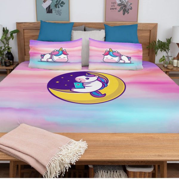 Birthday Gifts Velvet Designer Kids Star Moon Unicorn Printed Double King Size Bedsheet (100x100 Inches/250CT) with 2