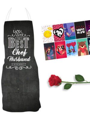 Birthday Gifts Combo for Husband, Kitchen Apron, 1 Artificial Red Rose with Set of 10 Love Post Card