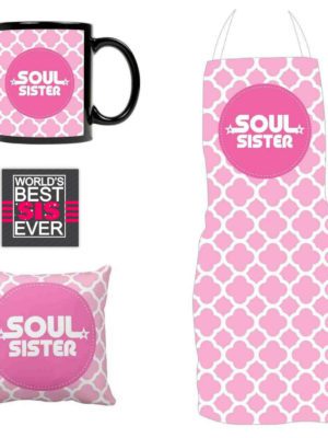 Soul Sister Gift Hamper Set of 4- Apron, Mug, Cushion Cover, Coaster