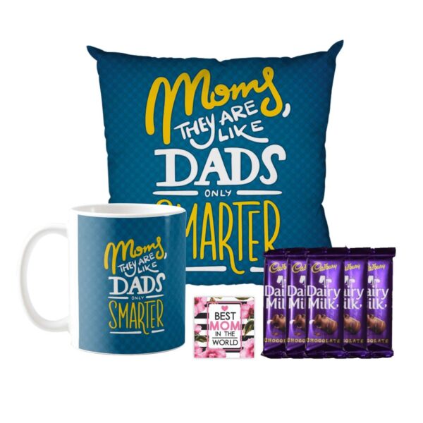 Birthday Chocolate Gifts Combo for Mom - Moms They are Like Dads Only Smarter Mug, Cushion Cover, 5 Cadbury Dairy