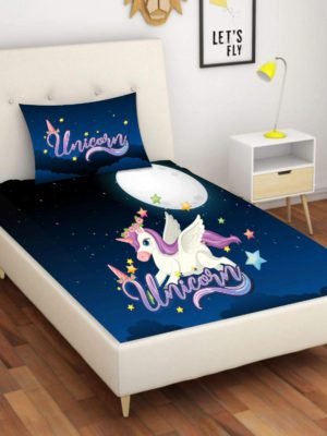 Kid's Velvet Designer 250TC Modern Beautiful Dream Unicorn Printed Single Bedsheet with 1 Matching Pillow Cover (65x100