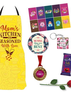 Chef Apron, 1 Dairy Milk Silk (60g), Medal,Fridge Magnet, Keychain, 1 Artificial Red Rose with Set of 10 Post Card