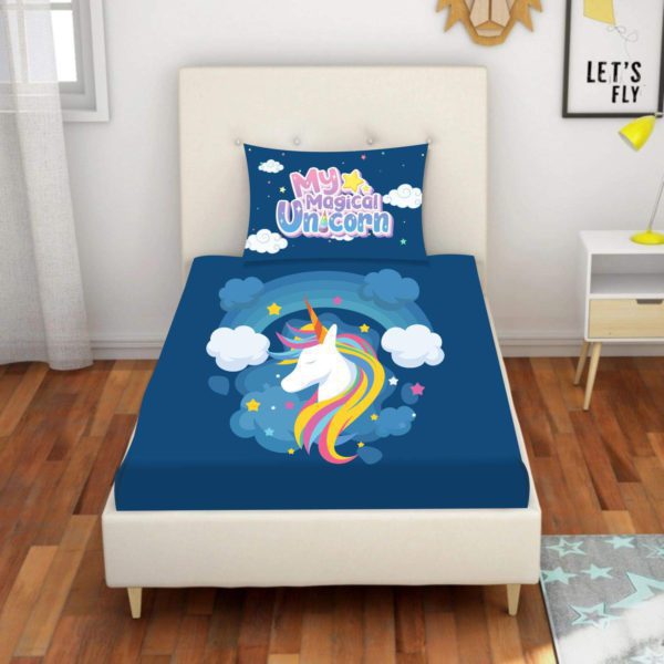 Kid's 250TC Velvet Designer Modern My Unicorn Printed Single Bedsheet (65x100 Inches) with 1 Matching Pillow Cover