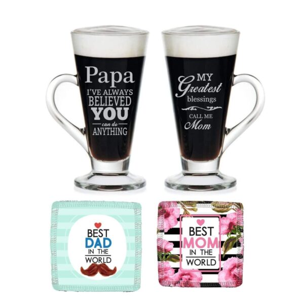 Mothers Day Just Like Mother Father Engraved Coffee Tea Cups of 2 with Coasters