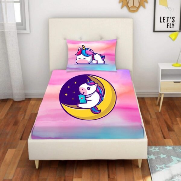 Birthday Gifts Velvet Designer Kids Star Moon Unicorn Printed Single Bedsheet (65x100 Inches/250CT) with 1 Matching